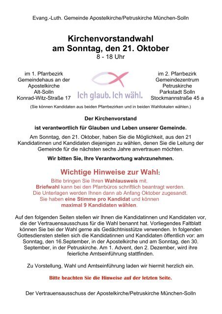Faltblatt zur Kirchenvorstandswahl - und Petruskirche MÃ¼nchen-Solln