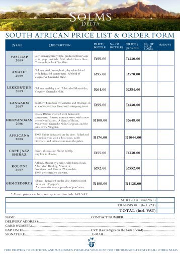 SOUTH AFRICAN PRICE LIST & ORDER FORM - Solms-Delta