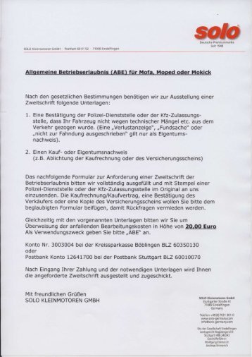 Allqemeine Betriebserlaubnis (ABE) fÃ¼r Mofa. Mooed oder Mokick ...