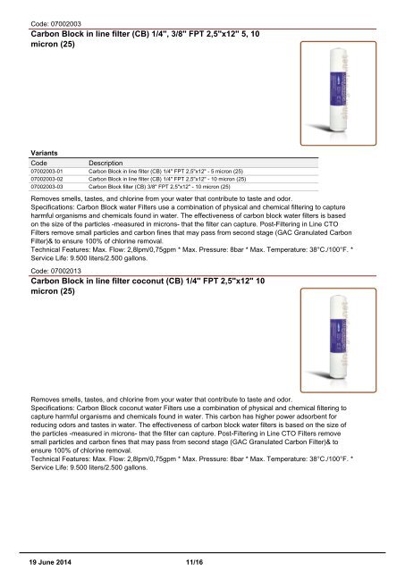 Sinergroup Activated Carbon In Line Filters Catalog