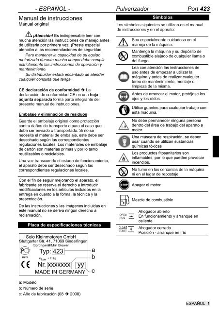 ESPAÃ'OL - Pulverizador Port 423 Manual de instrucciones