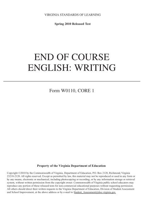 END OF COURSE ENGLISH: WRITING - Virginia Department of ...