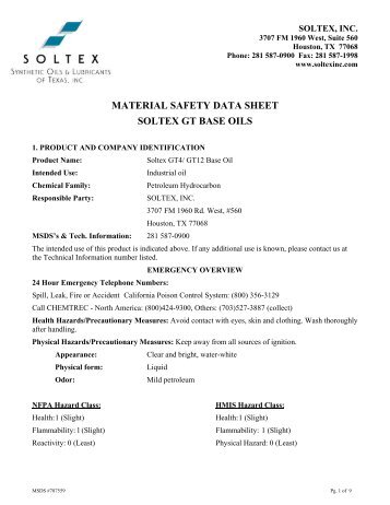 MATERIAL SAFETY DATA SHEET SOLTEX GT BASE OILS