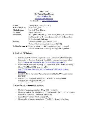 1 RESUME Dr. Vuong Quan Hoang (Downloadable from Solvay's ...