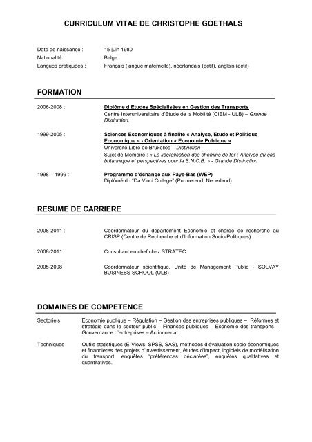 Curriculum Vitae De Christophe Goethals Formation Resume De