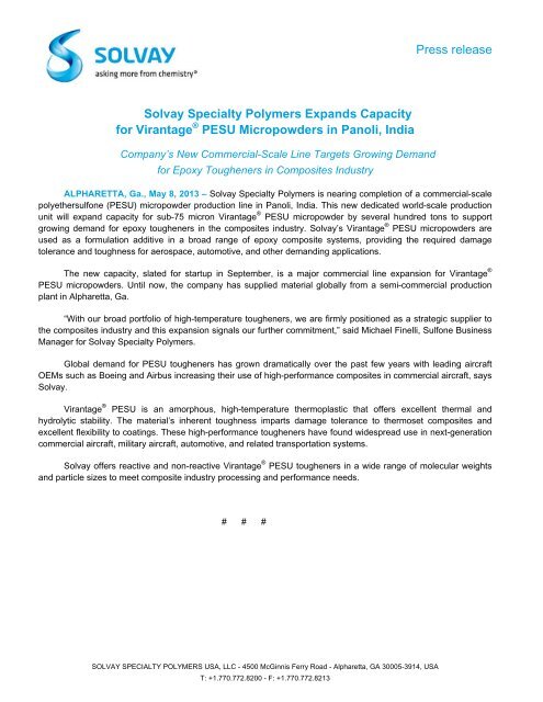 Press release Solvay Specialty Polymers Expands ... - Solvay Plastics