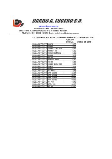 lista de precios autolite sugerido publico con iva ... - dardo a. lucero sa