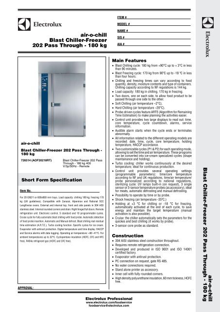 ELECTROLUX AIR-O-CHILL AOFP061C SPECIFICATIONS Pdf Download 