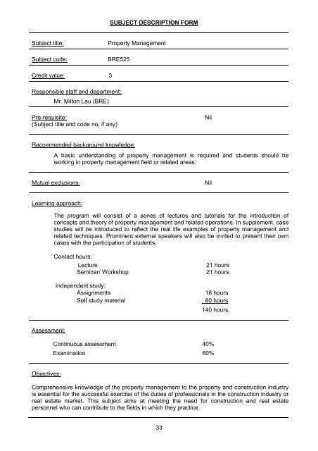 33 Subject Description Form Subject Title: Property 