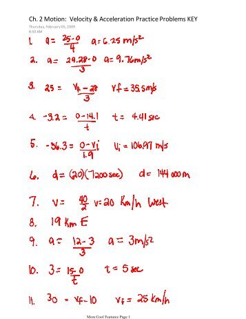 Ch. 2 Motion: Velocity & Acceleration Practice Problems KEY