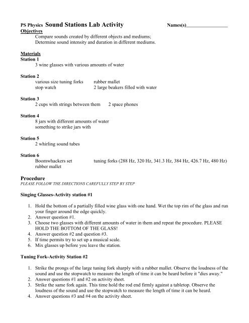 PS Physics Sound Stations Lab Activity