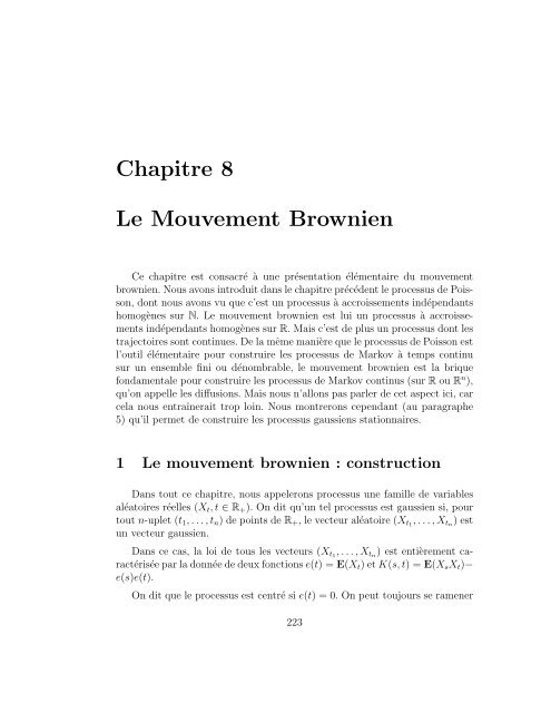 Chapitre 8 Le Mouvement Brownien - Institut de Mathématiques de ...