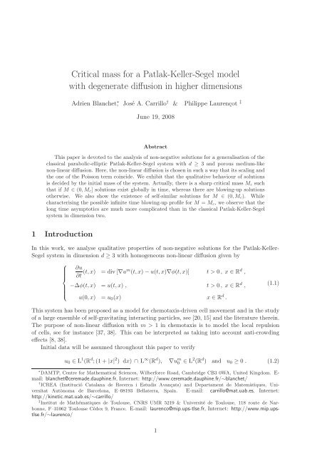 Critical mass for a Patlak-Keller-Segel model with degenerate ...