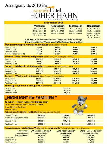 Preisliste 2013 vom Sonnenhotel Hoher Hahn - Sonnenhotels