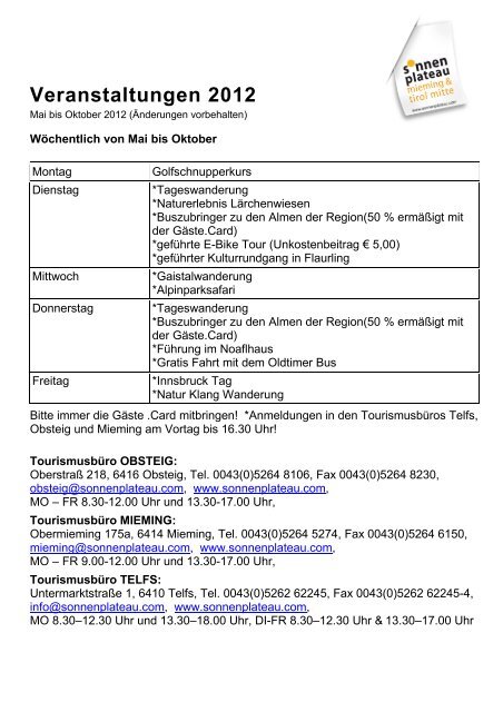Veranstaltungen 2012 - Sonnenplateau Mieming & Tirol Mitte