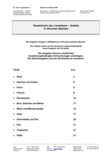 Verzeichnis des Linolsäure – Anteils in diversen Speisen