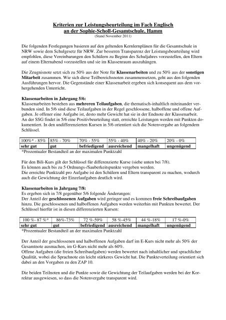 Kriterien Zur Leistungsbeurteilung Sophie Scholl Gesamtschule