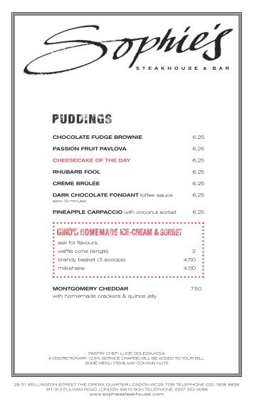 Puddings Menu - Sophie's Steakhouse and bar
