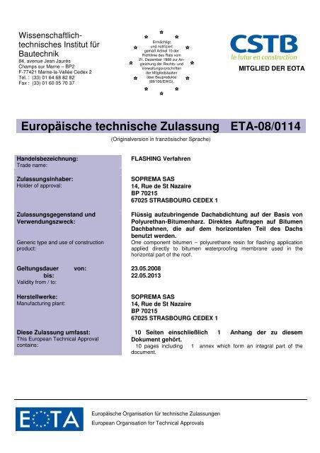 Europäische technische Zulassung ETA08/0114