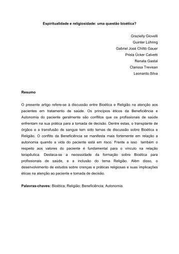 Espiritualidade e religiosidade: uma questão bioética ... - Nhu.ufms.br