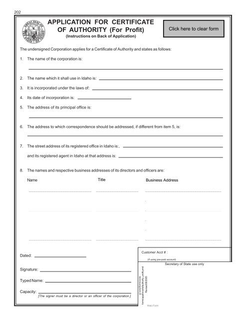 Application for Certificate of Authority (Profit) - Idaho Secretary of State
