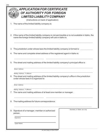 Application for Certificate of Authority - Idaho Secretary of State