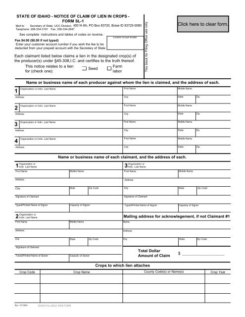 state of idaho - notice of claim of lien in crops - form sl-1