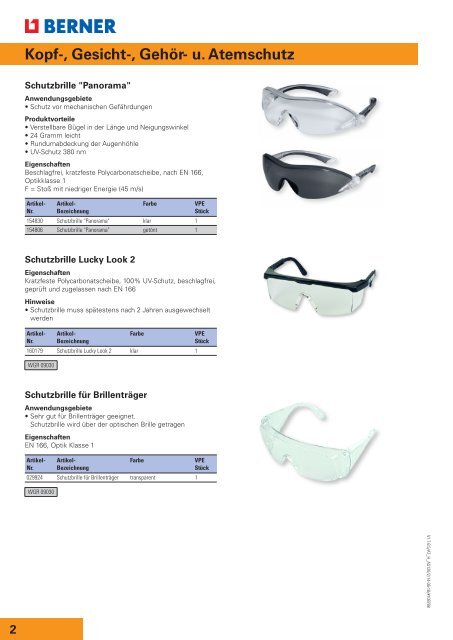 Schutzbrillen, -schilder, -helme Kopf-, Gesicht-, Gehör- u. Atemschutz