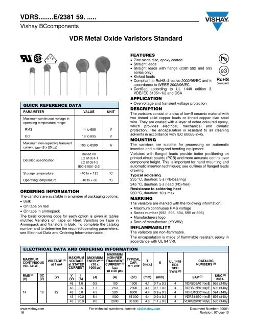 Vdr Metal Oxide Varistors Standard Sos Electronic