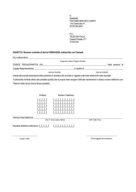 modulo di disdetta di Fastweb - Sos Tariffe