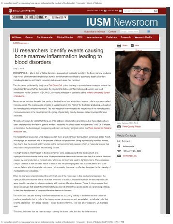 Indiana University School of Medicine - Researchers identify events causing bone marrow inflammation leading to blood disorders