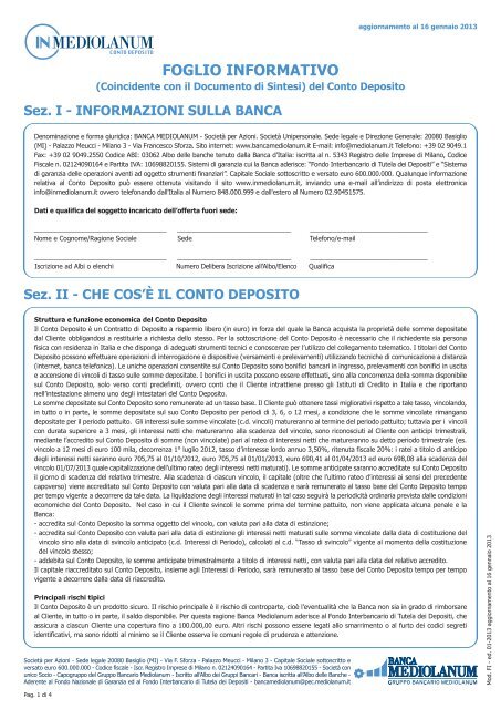 Foglio Informativo Conto InMediolanum - Sos Tariffe