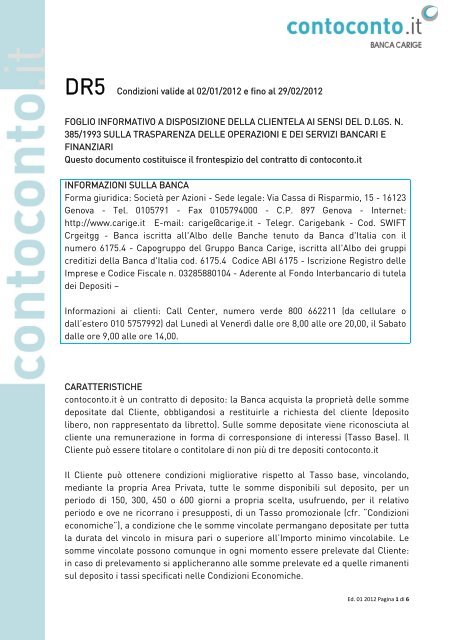 Prospetto informativo Banca Carige Contoconto.it (PDF) - Sos Tariffe