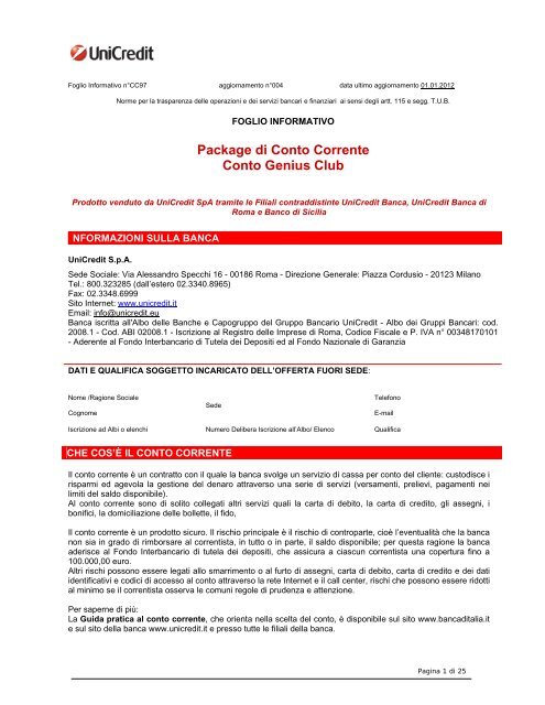 Prospetto informativo UniCredit Genius Club (PDF) - Sos Tariffe