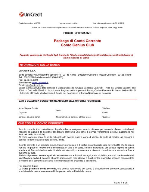 Prospetto Informativo Unicredit Genius Club Pdf Sos Tariffe