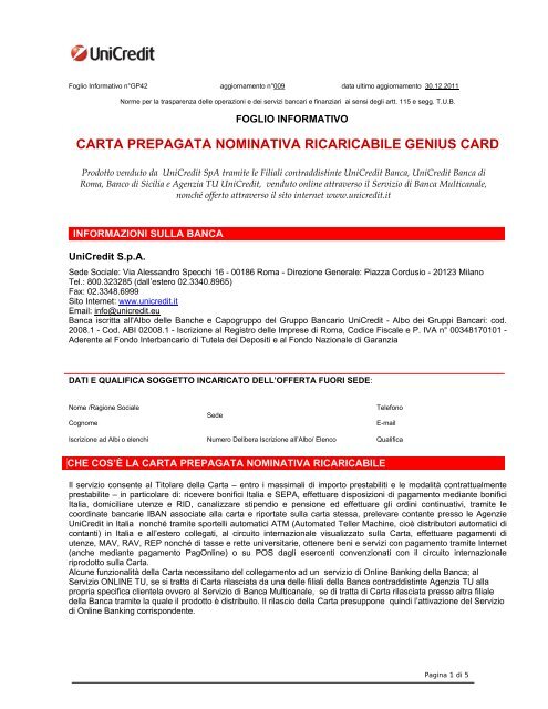 Prospetto informativo UniCredit Genius Card (PDF) - Sos Tariffe