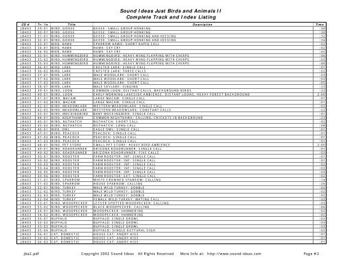 Sound Ideas Just Birds and Animals II Complete Track and Index ...