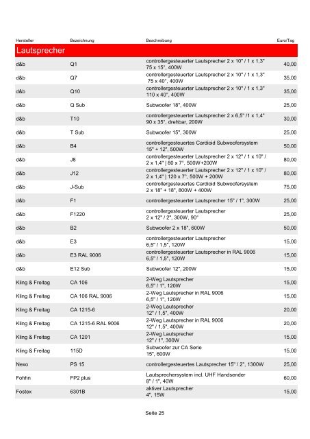 Preisliste Veranstaltungstechnik - Sound & Light