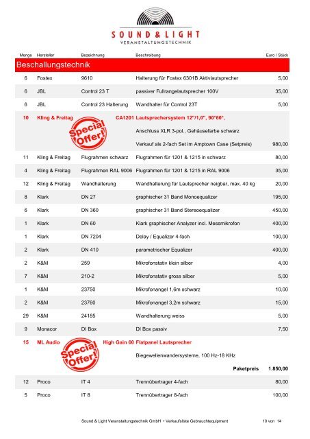 Preisliste Gebrauchtgeräte - Sound & Light