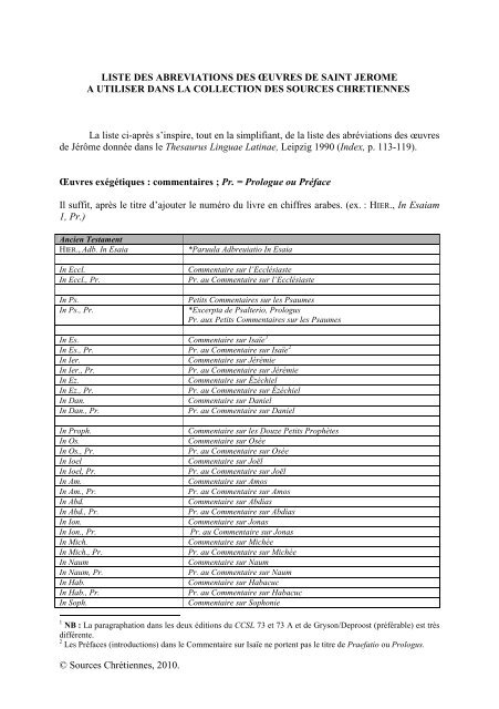 Liste des abréviations des oeuvres de Jérôme pour l'édition dans ...