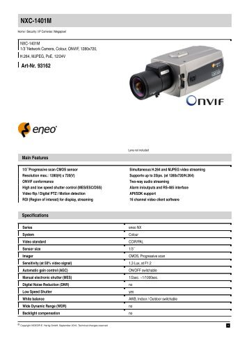 eneo NXC-1401M IP cameras product datasheet - SourceSecurity.com