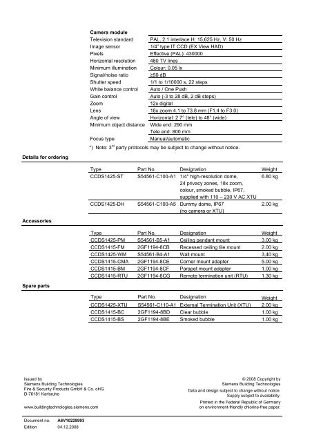 Siemens CCDS1425-ST Dome cameras product datasheet