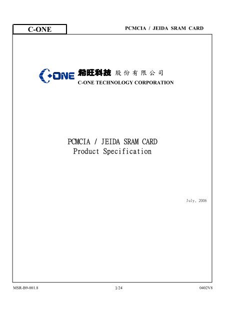 C-ONE PCMCIA / JEIDA SRAM CARD Product Specification - Jactron