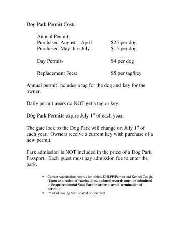 Dog Park Permit Costs: Annual Permit- Purchased ... - SC State Parks