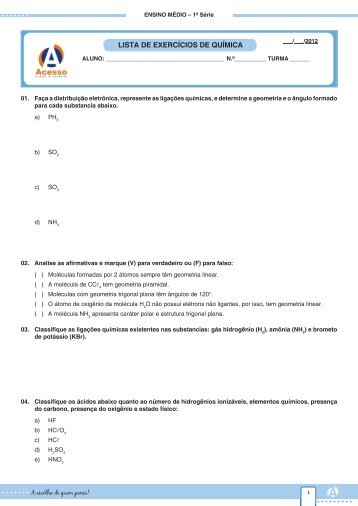 LISTA DE EXERCÍCIOS DE QUÍMICA - Curso e Colégio Acesso