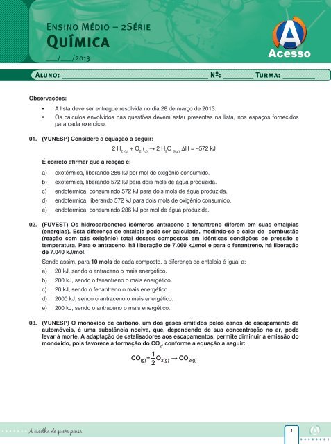 Química – 2ª série - Curso e Colégio Acesso