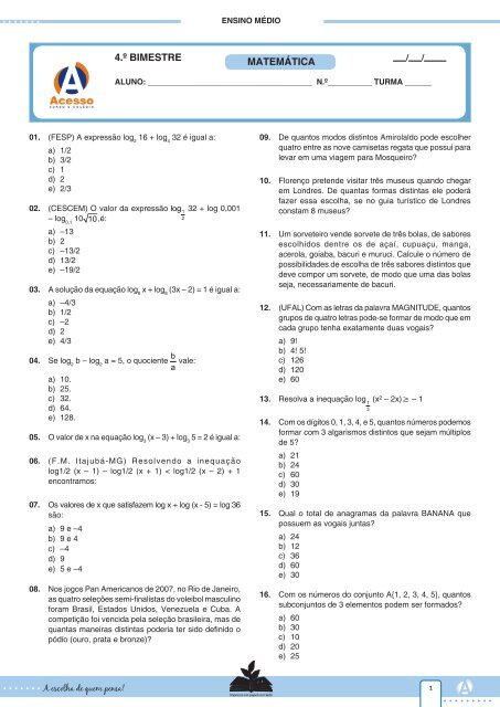 4.º BIMESTRE MATEMÁTICA - Curso e Colégio Acesso