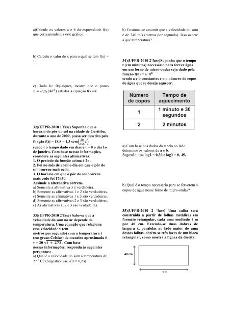 Lista de exercícios de funções, logaritmos e trigonometria. Questões ...