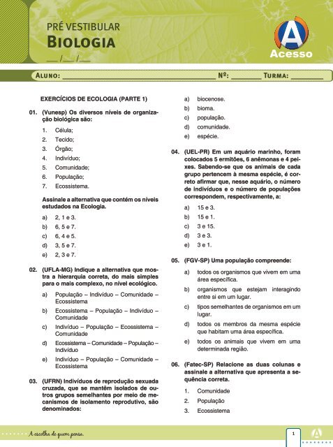 Exercícios – Ecologia – Parte 1 - Curso e Colégio Acesso