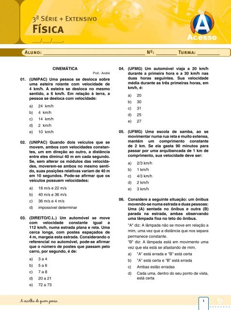 8 Lista de Fisica Velocidade Media